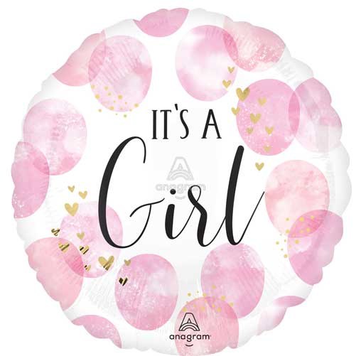 Pink, It's A Girl,• Modern Watercolors • Standard Size 18" Mylar Helium Balloon