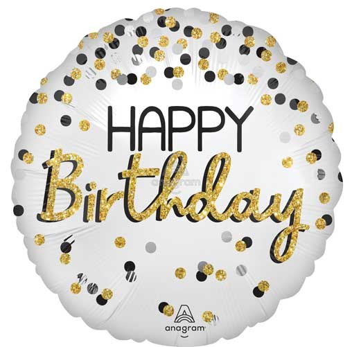 White/Gold, Confetti Happy Birthday • Standard Size 18" Mylar Helium Balloon