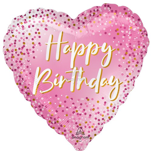 Pink, Confetti Sparkle Happy Birthday Heart Shape • Standard Size 18" Mylar Helium Balloon