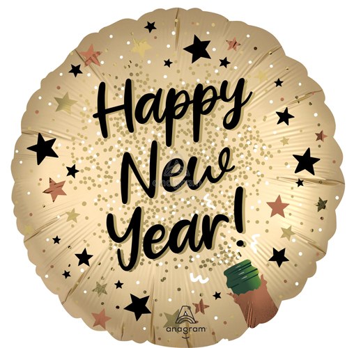 Happy New Year, Gold Satin Champagne • Standard Size 18" Mylar Helium Balloon