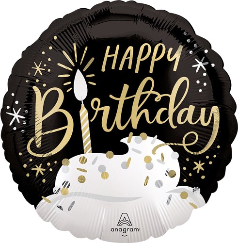 Black/Gold, Cupcake Happy Birthday • Standard Size 18" Mylar Helium Balloon