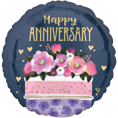Happy Annniversary, Navy &amp; Pink Satin Cake Round • Standard Size 18" Mylar Helium Balloon