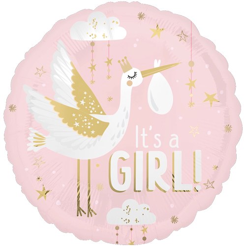 It's A Girl, Stork Design • Standard 18" Mylar Helium Balloon