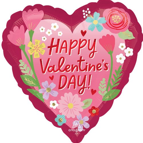 Happy Valentine's Day, Flowers Heart Shape • Standard Size 18" Mylar Helium Balloon