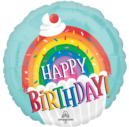 Rainbow Cupcake w/ Sprinkles Happy Birthday Round • Standard Size 18"Mylar Helium Balloon