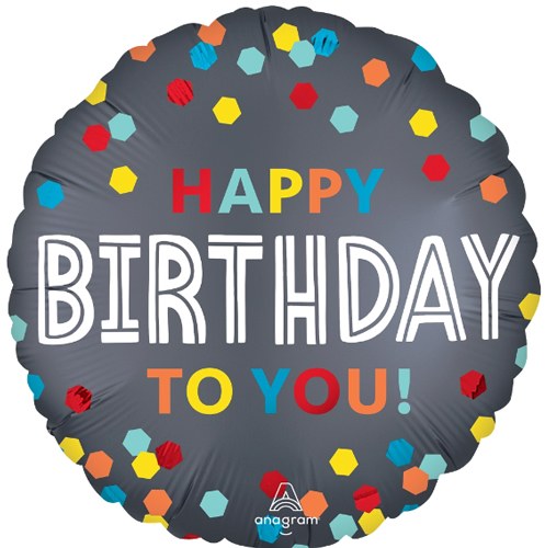 Colorful Confetti Happy Birthday Silver Round • Standard Size 18" Mylar Helium Balloon