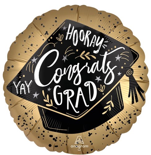 Gold/Black Congrats Grad Satin Round • Standard Size 18" Mylar Helium Balloon