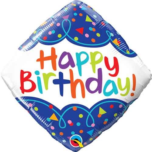 Colorful Doodles Happy Birthday Diamond • Standard Size 18" Mylar Helium Balloon