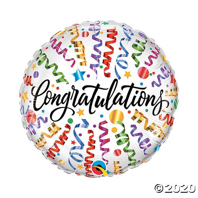 Congratulations, White w/ Colorful Streamers • Standard Size 18&quot; Mylar Helium Balloon