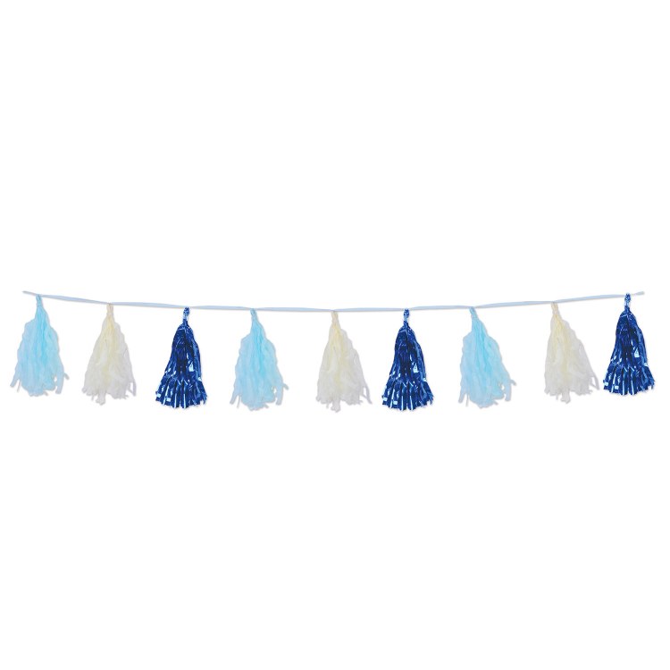 Tissue &amp; Metallic Tassel Garland Blue/White ~ 8'