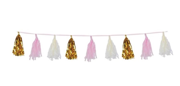 Tassel Garland ~ Tissue &amp; Metallic ~ Pink/Gold/White ~ 8'