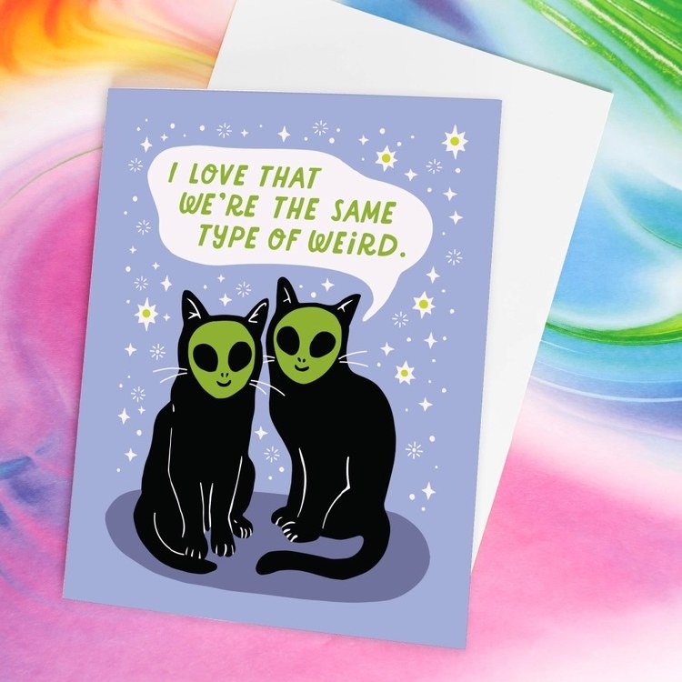 Weird Alien Cat Friends Card • Blank Inside
