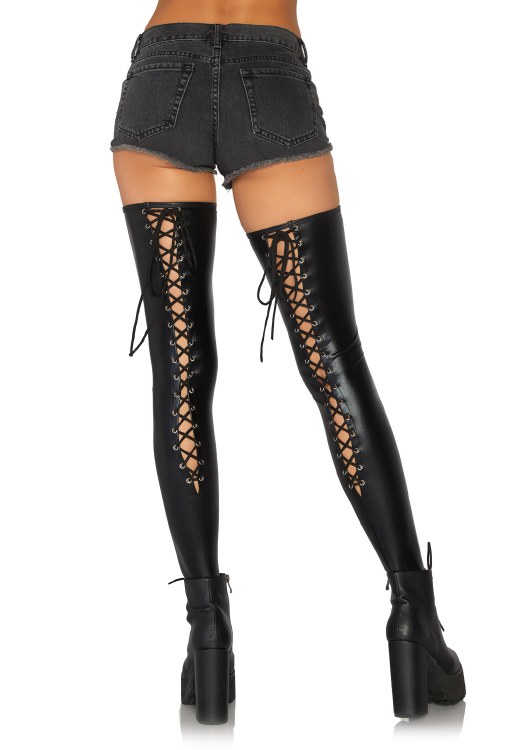 Wet Look Lace Up Thigh Highs Black Med/Lg