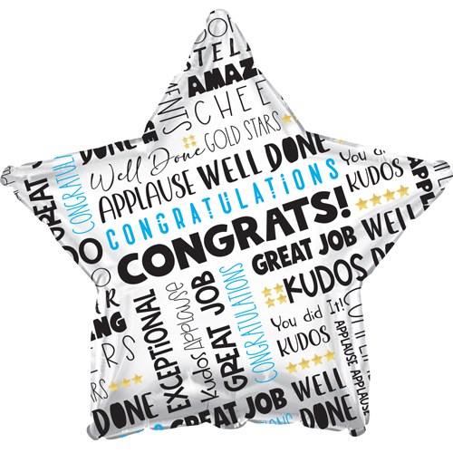 Congrats, Star Text • Standard Size 18" Mylar Helium Balloon