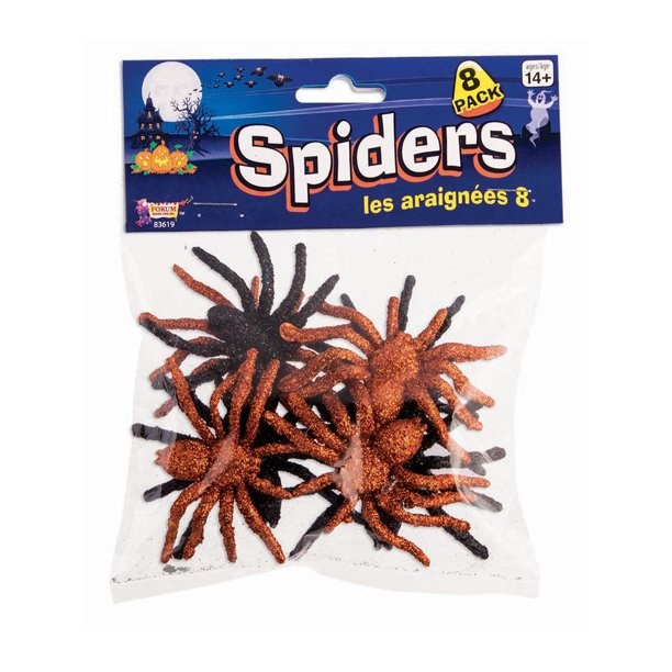Small Black &amp; Gold Glitter Spiders ~ 8 Pack