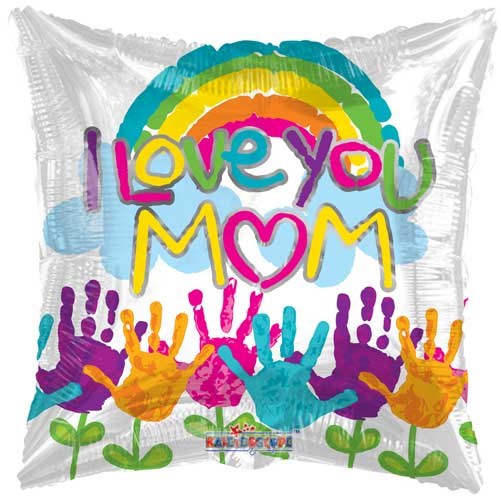 Painted Handprints Square, Love You Mom • Standard Size 18" Mylar Helium Balloon