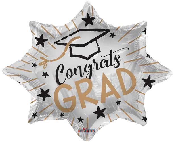 Gold/White Congrats Grad Burst Shape • Standard Size 18" Mylar Helium Balloon