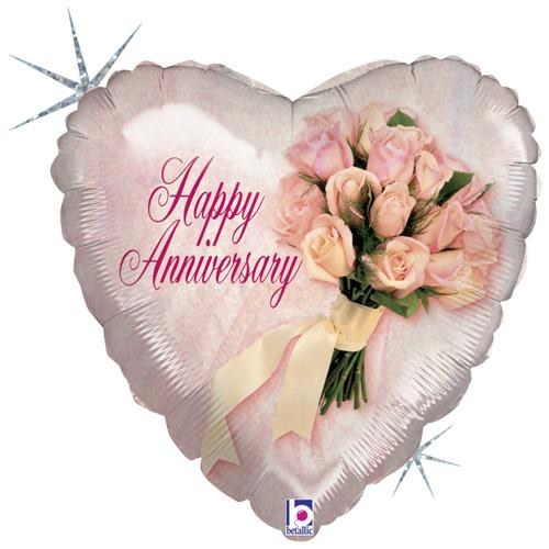 Happy Anniversary, Pink Rose Bouquet Heart • Standard Size 18" Mylar Helium Balloon