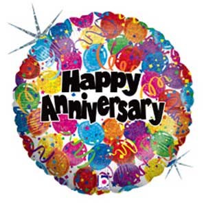 Happy Anniversary, Colorful Balloons Holographic Round • Standard 18&quot; Mylar Helium Balloon