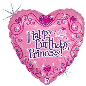 Standard Size / Happy Birthday Princess Holographic Heart Mylar ~ 18"
