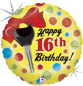 Standard Size / Happy 16th Birthday Holographic Car Key Mylar ~ 18"