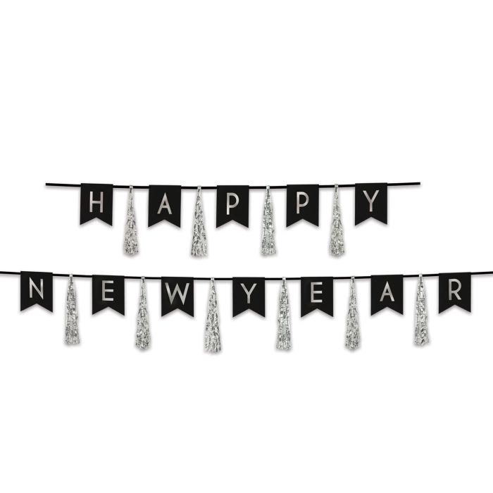 Happy New Year TasseL Streamer Black and Silver