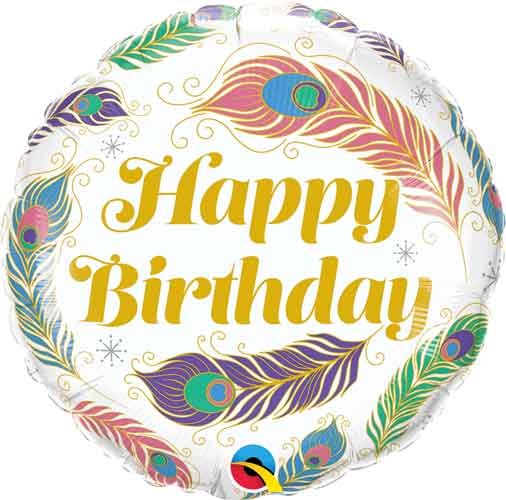 Bird, Peacock Feathers Happy Birthday Round • Standard Size 18" Mylar Helium Balloon