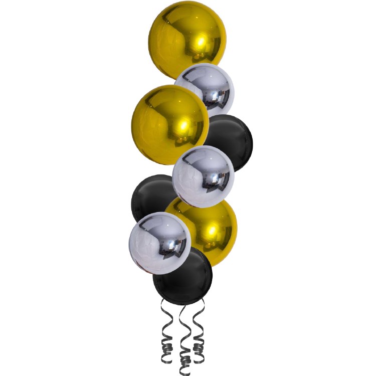 Balloon Bouquet, Spheroid Tower • Gold, Silver &amp; Black