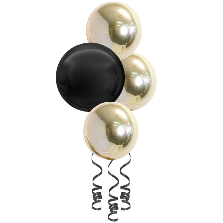 Balloon Bouquet, Spheroid Centerpiece • Black &amp; White Gold