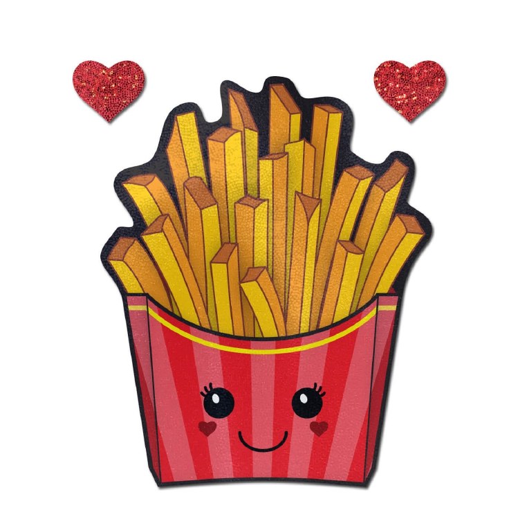 French Fries Pastie (Single) &amp; 2 Red Glitter Hearts Body Stickers