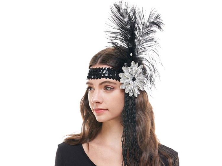 Flapper Headband 20's Sequin Flower Black