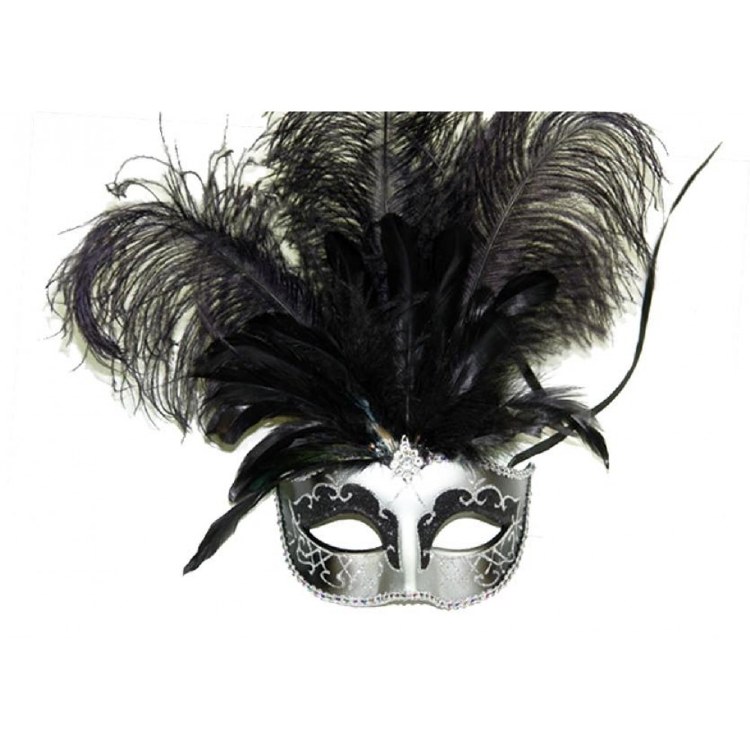 Venetian Mask w/ Middle Feather Silver/Black