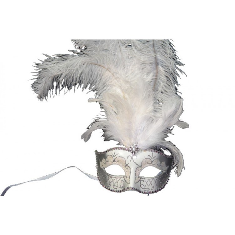 Venetian Mask w/ Middle Feather White/Silver