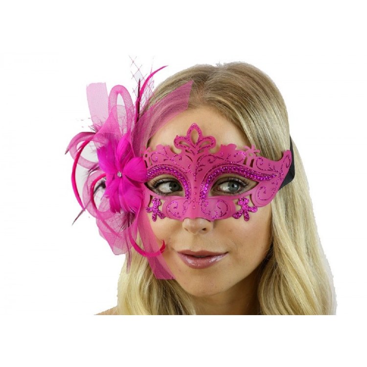 Mask Venetian Feather Hot Pink
