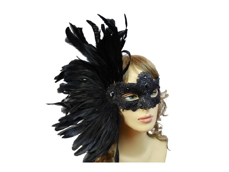 Mask Lace Feathers Black