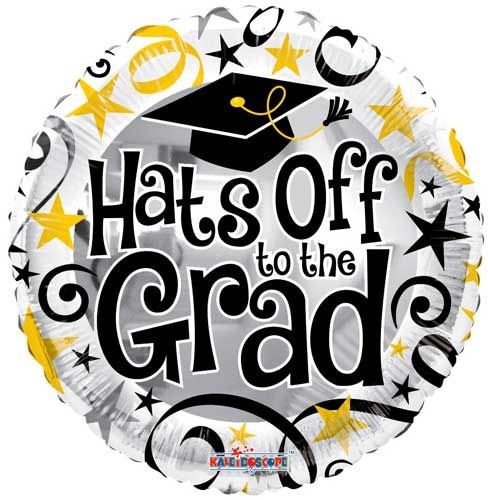 Gold/White Hats Off To The Graduate Swirls Round • Standard Size 18" Mylar Helium Balloon