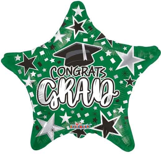 School Spirit, Congrats Grad Star Shape, Green • Standard Size 18&quot; Mylar Helium Balloon