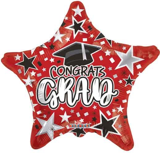 School Spirit, Congrats Grad Star Shape, Red • Standard Size 18" Mylar Helium Balloon