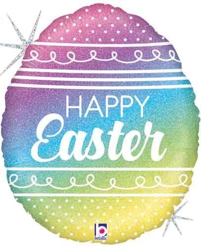 Happy Easter, Holographic Rainbow Egg Shape • Jr. Jumbo 26" Mylar Helium Balloon