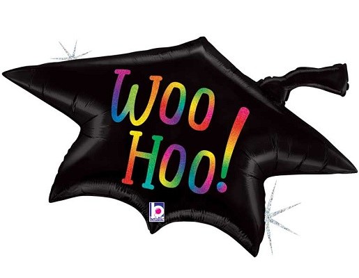 Black/Colorful Woo Hoo Grad Cap Holographic Shape • Jumbo 33" Mylar Helium Balloon