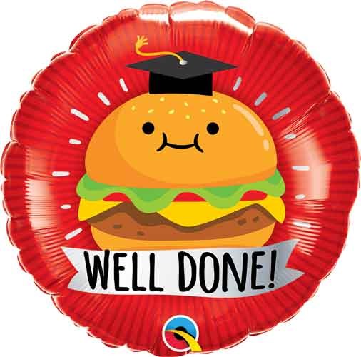 Cute Well Done Graduate Burger Round • Standard Size 18" Mylar Helium Balloon
