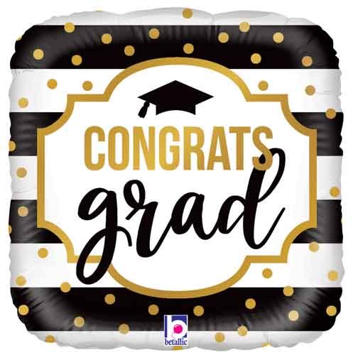 Gold/Black/White Congrats Grad Square • Standard Size 18" Mylar Helium Balloon