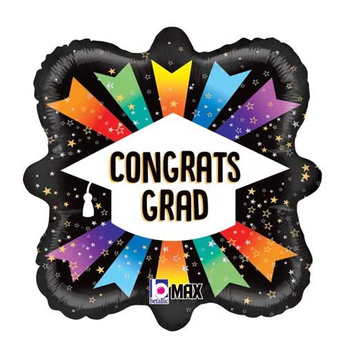 Black &amp; Colorful Ribbons, Congrats Grad Frame • Standard Size 18" Mylar Helium Balloon