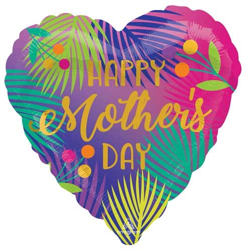 Tropical Palm Heart Shape, Happy Mother's Day • Standard Size 18" Mylar Helium Balloon