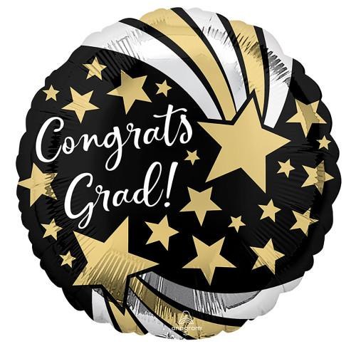 Black/Gold Congrats Grad, Shooting Stars Round • Standard Size 18" Mylar Helium Balloon