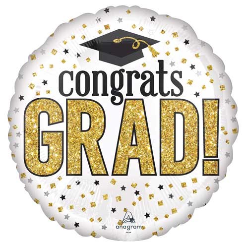 Gold/White Sparkle, Congrats Grad Round • Standard Size 18" Mylar Helium Balloon