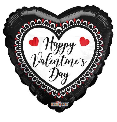 Happy Valentine's Day, Black &amp; White Lace Heart Shape • Standard Size 18" Mylar Helium Balloon