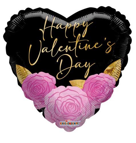 Happy Valentine's Day, Black Heart w/ Pink Roses • Standard Size 18" Mylar Helium Balloon