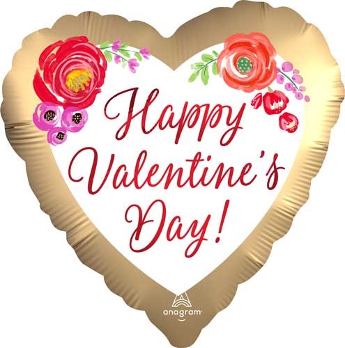 Happy Valentine's Day, Gold &amp; White Satin Heart Shape • Standard Size 18" Mylar Helium Balloon