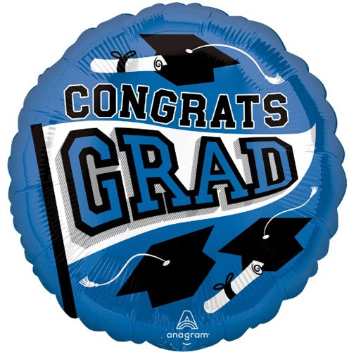 School Spirit Congrats Grad Round, Blue • Standard Size 18" Mylar Helium Balloon